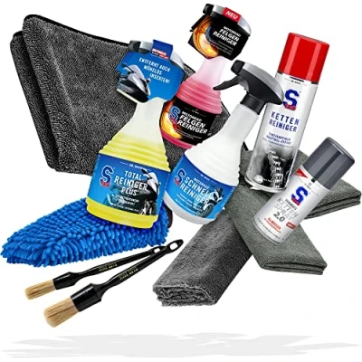 Abbildung von Motorrad Reinigung &amp; Pflege Bundle Dr. Wack S100 Reiniger + Schnellreiniger Felgenreiniger Kettenreiniger Kettenspray detailmate Trockentuch Tücher Nuke Guys Pinsel Waschhandschuh