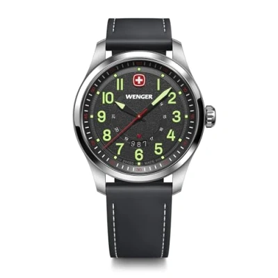 Abbildung von WENGER Herren Armbanduhr Terragraph, Ø 43 mm, Swiss Made, Analog Quarz, Wasserdicht bis 100 m, Leder Armband, Schwarz, 01.0541.121