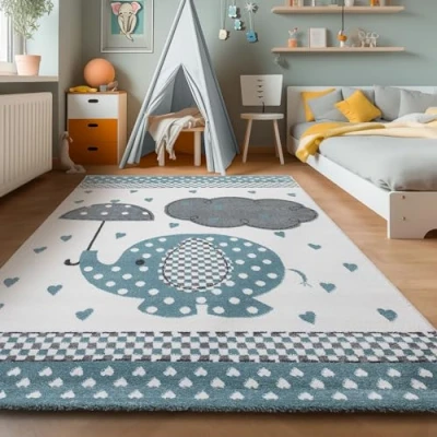 Abbildung von SIMPEX Teppich Rund Kinderzimmer Elefanten Design Kurzflor Kinderteppich Mädchen Spielteppich Modern Babyzimmer Teppiche für Junge und Extra Weich 120 cm
