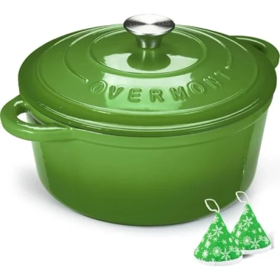 Abbildung von Overmont Bräter emaille Gusseisen Topf Schmortopf 28cm backofengeeignet mit Deckel und Kochbuch für Küche Backen Schmoren Braten Grün