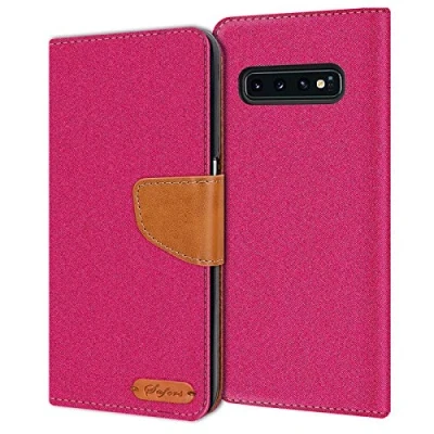 Abbildung von Verco kompatibel mit Samsung Galaxy S10 Plus Hülle, Schutzhülle für S10+ Tasche Denim Textil Book Case Flip Klapphülle Pink