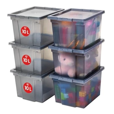 Abbildung von Iris Ohyama Vielseitige Aufbewahrungsboxen, 10L, 6er Set, Grau, Leicht schließba Deckel, Stapelbar, Plastik, Für Schrank, Regale, Organisation, Kleidung, Bettlaken, Garage, USB S