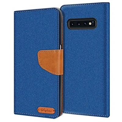 Abbildung von Verco kompatibel mit Samsung Galaxy S10 Hülle, Schutzhülle für Tasche Denim Textil Book Case Flip Klapphülle, Blau