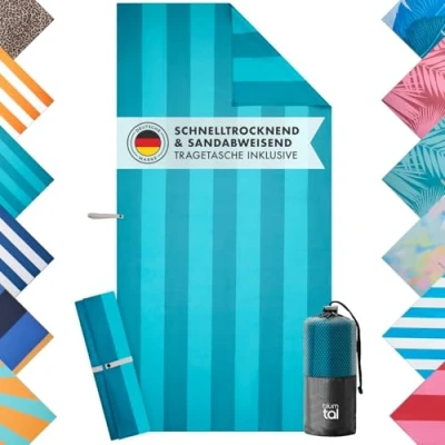 Abbildung von Blumtal Reisehandtuch Strandhandtuch 90x180 cm aus Mikrofaser kompakt &amp; schnelltrocknend, sandfrei mit Band Handtuch groß Wellen Muster