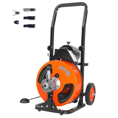 Abbildung von VEVOR Elektrische Rohrreinigungsmaschine 220V Rohrreiniger 15m x 9,5mm Stahlkabel Rohrreinigungsspirale 1500 U/min Leerlaufdrehzahl Abflussreiniger Abflussreinigungsmaschine Reinigungswerkzeuge