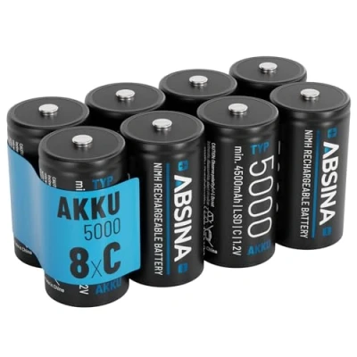 Abbildung von ABSINA 8X Batterien C Baby LR 14 wiederaufladbar 5000 mit geringer Selbstentladung Akku NiMH min. 4500mAh &amp; 1,2V Akku, Batterien, C, Batterie LR14