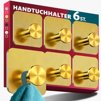 Abbildung von Menz Handtuchhalter ohne Bohren Edelstahl, 6er Set Wasserfeste Badezimmer in Golden, moderne Klebehaken fürs Bad, Haken selbstklebend als funktionale Handtuchhaken