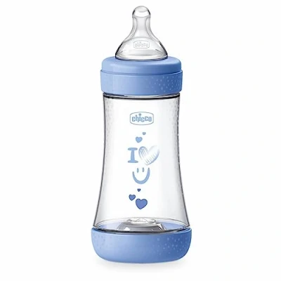 Abbildung von Chicco PERFECT 5 Anticolic Saugflasche 240 ml, Medium flow 2 Monate + mit weichem Silikonsauger, Biofunktionelle Intui System Blau