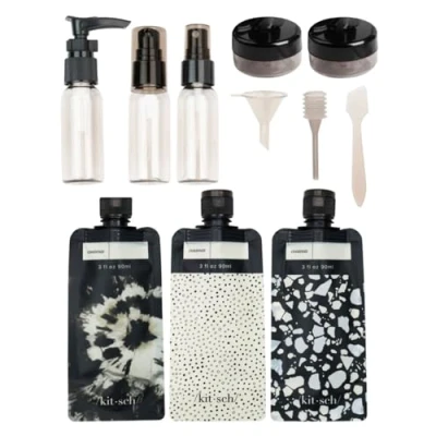 Abbildung von Kitsch Reiseflaschen für Toilettenartikel, TSA zugelassen, nachfüllbar, auslaufsicher, Reisegröße, Reise Essentials Set, Set Shampoo, Conditioner und Lotion, 11 Stück