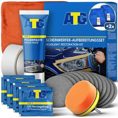 Abbildung von ATG® Scheinwerfer Aufbereitung Set Universal Auto Polierset für Matte &amp; Blinde Einfache Reparatur inkl. Mikrofasertücher