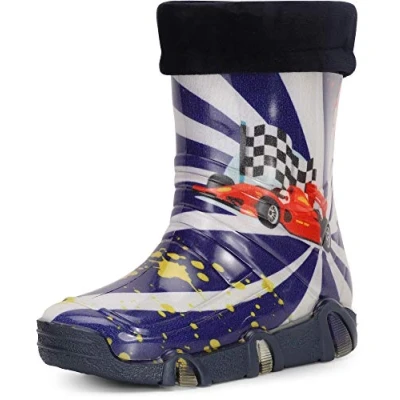 Abbildung von Ladeheid Kinder Mädchen Jungen Gummistiefel Gefüttert Swk36 (Dunkelblau Auto 36, 29/30 EU)
