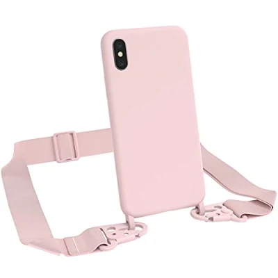 Abbildung von EAZY CASE Premium Silikon 2 in 1 Handykette kompatibel mit iPhone X/XS Handyhülle Umhängeband, Handykordel Silikonhülle, Hülle Band, Kette für Smartphone, Altrosa, Rosa