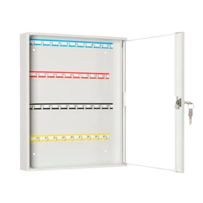 Abbildung von LEOMAR Schlüsselschrank, Schlüsselkasten mit 40 Haken, Schlüsselbox aus Stahlblech Glastüren, Festen Hakenleisten, Organizer zur Wandbefestigung, Abschließbar, 6 x 35 42 cm
