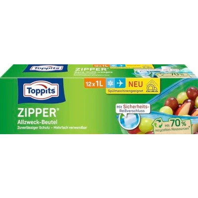 Abbildung von Toppits Zipper Allzweck Beutel, reißfeste Spezialfolie, wiederverwendbar, transparent, Füllvolumen 1 Liter, x 12 Stück