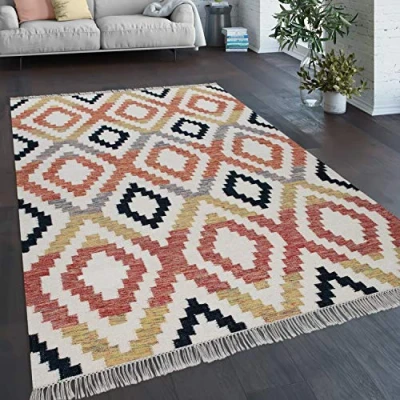 Abbildung von Paco Home Wollteppich &quot;Kenitra 501&quot;, rechteckig, 12 mm Höhe, Flachgewebe, reine Wolle, handgewebt, Rauten Design, mit Fransen