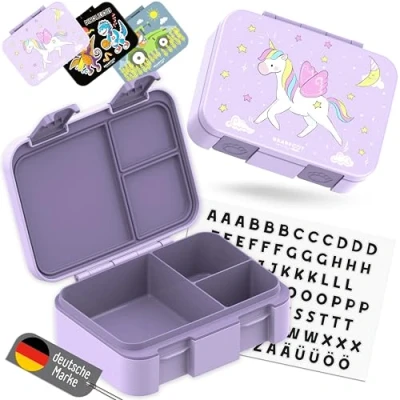 Abbildung von BEARFOOT Lunchbox Brotdose mit Fächern, auslaufsicher Einhorn lila 650ml, PP, ABS, Silikon, Kindergarten und Schule Mädchen Jungen, Vesperbox, Snackbox