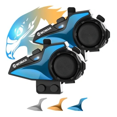 Abbildung von Motorrad Headset Intercom, Moman H2E Adlerähnliches Motorradhelm Kommunikationssystem mit Dual Chip für Audio Multitasking Helm Gegensprechanlage Kopfhörer HiFi/Musik Teilen/FM/AI Sprache (2 Pack)