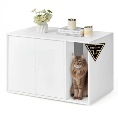 Abbildung von SONGMICS HOME Katzenklo Schrank, Toolless Technologie, Katzenhaus, für große Katzen, Push to Open Türen, Beistelltisch, minimalistisch, superschnelle werkzeuglose Montage, schneeweiß PCL013W01
