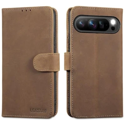 Abbildung von LENSUN Lederhülle für Google Pixel 9 Pro XL, Echtleder Hülle [Kartenfach] Handyhülle [Echtes Leder] Handytasche Flip XL 5G Vintage Dunkelbraun