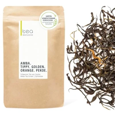 Abbildung von Amba Tippy Golden Orange Pekoe Schwarzer Tee lose Single Origin Gartentee Ceylon vollmundig mit fruchtigen Noten 100g Beutel tea exclusive