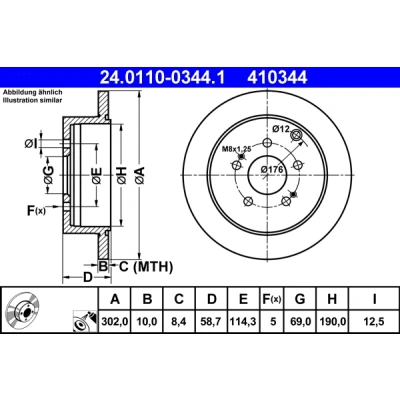 Abbildung von ATE 24.0110 0344.1 Bremsscheibe 302,0 10,0 5 114,3 voll beschichtet MITSUBISHI: Grandis