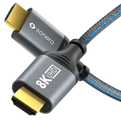 Abbildung von Sonero® 8K HDMI Kabel, Stecker auf Stecker, 2.1, 60Hz, 4K 120Hz, Baumwollmantel, grau/blau, 3,00 Meter