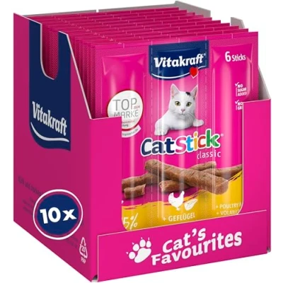 Abbildung von Vitakraft Cat Stick Classic, Katzensnacks, fleischige Mini Sticks, mit Geflügel und Leber, in Vorratsgröße, ohne Zusatz von Zucker Getreide (10x 36g)