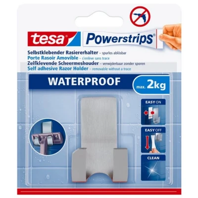 Abbildung von tesa Wandhaken POWERSTRIPS Rasiererhalter, (Set, 1 St., inkl. Klebelösung), silber matt max. 2 kg