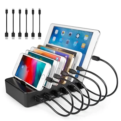 Abbildung von TechDot Handy USB Ladestation Mehrere Geräte 6 Port Multi für Handys Smartphones Tablets (mit 3 Micro Kabel und C Kabel, Schwarz)