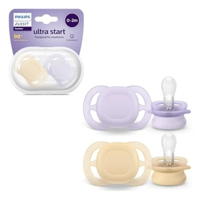 Abbildung von Philips Avent ultra start Schnuller, kiefergerecht geformter Schnuller für Neugeborene im Alter von 02 Monaten, BPA frei, mit Sterilisations /Transportbehälter, Doppelpack, Lila/Orange, SCF075/01