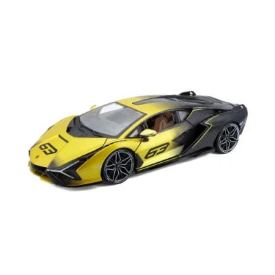 Abbildung von Bburago Modellauto Lamborghini Sian FKP 37 (gelb schwarz), Maßstab 1:18, Originalgetreue Innenausstattung