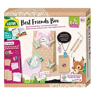 Abbildung von Lena 42833 Eco Bastelset Beste Freunde Box mit je 2 Freundschaftsbändern Perlen und Ketten Herz Anhänger, Geschenktüten, Geschenkkarten Begleitheft Plant my Tree, für Kinder ab 8 Jahren