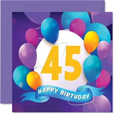 Abbildung von Geburtstagskarte zum 45. Geburtstag Männer und Frauen Ballon Party Happy Birthday Cards 45 Jahre alte Frau Bruder Schwester Mutter Vater Tante Onkel bester Freund Cousin 145 mm x
