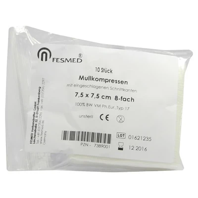 Abbildung von Mullkompressen ES 7,5x7,5 cm unsteril 8f 10 St
