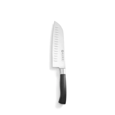 Abbildung von HENDI Santokumesser, Grantonschliff, Küchenmesser, Messer, Deutscher Stahl X50CrMoV15, Klinge: 180mm, Länge: 310mm, POM Kunststoff, Schwarz