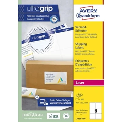 Abbildung von AVERY Zweckform L7166 100 Versandetiketten/Versandaufkleber (600 Etiketten mit ultragrip, 99,1x93,1mm auf A4, bedruckbar, selbstklebend, für kleine, mittlere Pakete und Versandrollen) Blatt, weiß