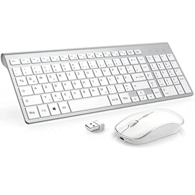 Abbildung von JOYACCESS Tastatur Maus Set Kabellos, 2.4G Kabellose mit 2400DPI Funkmaus Wiederaufladbar Kombi für PC, Laptop, Smart TV, QWERTZ Deutsches Layout, Weiß und Silber