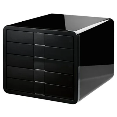 Abbildung von HAN Schubladenbox i BOX, Schreibtischbox mit 5 Schubladen bis A4/C4, Auszugsperre, diskretes Beschriftungskonzept reddot design award für Ordnung am Schreibtisch, 1551 13, hochglänzend schwarz