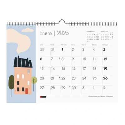 Abbildung von Miquelrius Wandkalender 2025, A3 Kalender, 420 x 296 mm, mit Notizfeld, Kalender Doppelspiralbindung, Jahreskalender zum Aufhängen, Spanisch, Design Häuser