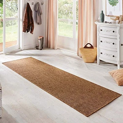 Abbildung von BT Carpet Nature Läufer In und Outdoor Schlingen Küchenläufer Rutschfest Flachgewebe Kurzflor Woll Optik Fineloop Küchenteppich für Flur, Küche, Garten, Terrasse, Badezimmer Naturbraun, 80x500cm