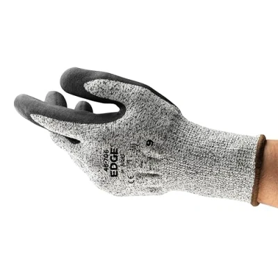 Abbildung von Ansell Edge 48 706 Arbeits Handschuhe, Hoher Schnittschutz für Industrie , Renovierungs und Heimwerker Arbeiten, Grauschwarz, Größe 8 (12 Stück)