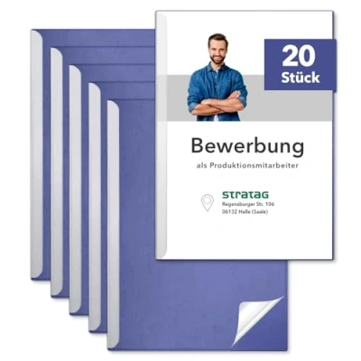 Abbildung von STRATAG Klemmschienen Bewerbungsset Start Basic (Blau, 20 Stück) mit transparentem Deckel aus PP Kunststoff sowie Binderücken robustem 290 g/m² Karton Lederstruktur (20 Bewerbungsmappen Blau)