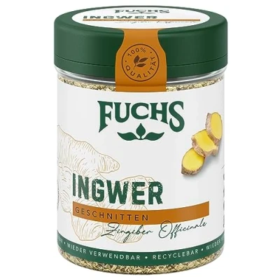 Abbildung von Fuchs Gewürze Ingwer geschnitten süßlich scharfer Note für Tees oder Wasser mit Geschmack natürliche Zutaten 45 g in wiederverwendbarer, recyclebarer Dose
