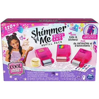Abbildung von Cool MAKER Shimmer Me Tattoo Nachfüllset XXL 120+ Aufkleber, 3 Metallicfolien und Glitzer, zur Verwendung mit dem Studio, ab 8 Jahren