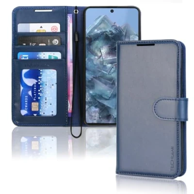 Abbildung von TECHGEAR Leder Hülle Pixel 8 Pro, PU Flip Case Schutzhülle Ledertasche [Brieftasche] Handyhülle mit Ständer und Handschlaufe Beutel kompatibel Google Pro Blau