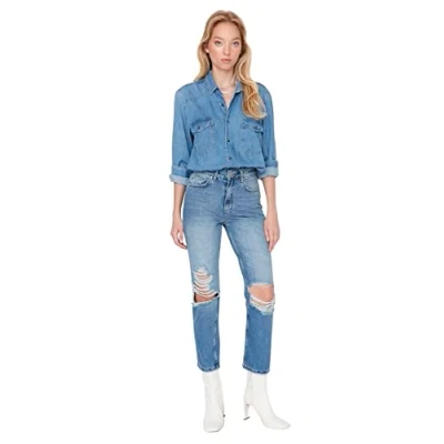 Abbildung von Trendyol Damen Herren Hoher Bund Straight Jeans, Blau, 38 EU
