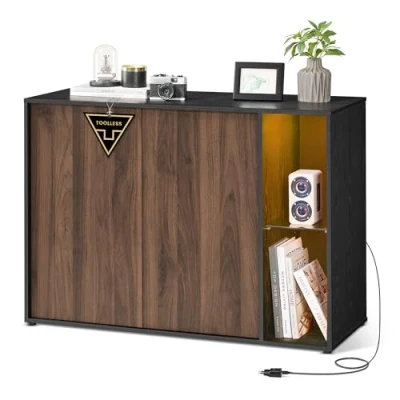 Abbildung von SONGMICS HOME Superschnelle werkzeuglose Montage, Sideboard mit Beleuchtung, 2er Set Aufbewahrungsschrank, TV Schrank, Glasablage, Toolless Technologie, naturwalnussfarben ebenholzschwarz BBK792B01