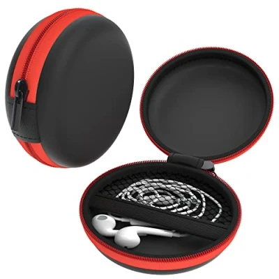 Abbildung von EAZY CASE Universal Tasche für In Ear Kopfhörer mit Netzfach Hardcase Aufbewahrungsbox, Schutztasche umlaufenden Reißverschluss, extra klein, rund, Rot