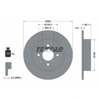 Abbildung von TEXTAR PRO 92125403 Bremsscheibe 260 9 04/08 100 voll beschichtet ohne Radbefestigungsbolzen, Radnabe HONDA: CIVIC 7 Coupe, Hatchback