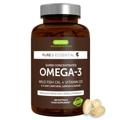 Abbildung von Omega 3 mit Vitamin D3, 80% Hochkonzentrierte DHA+EPA Kapseln, reines Fischöl aus Wildfang, ohne Fischgeschmack, 180 Softgelkapseln, 1 pro Tag, von Igennus